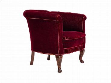 Danish armchair in cherry-red velour and beechwood, 1960s