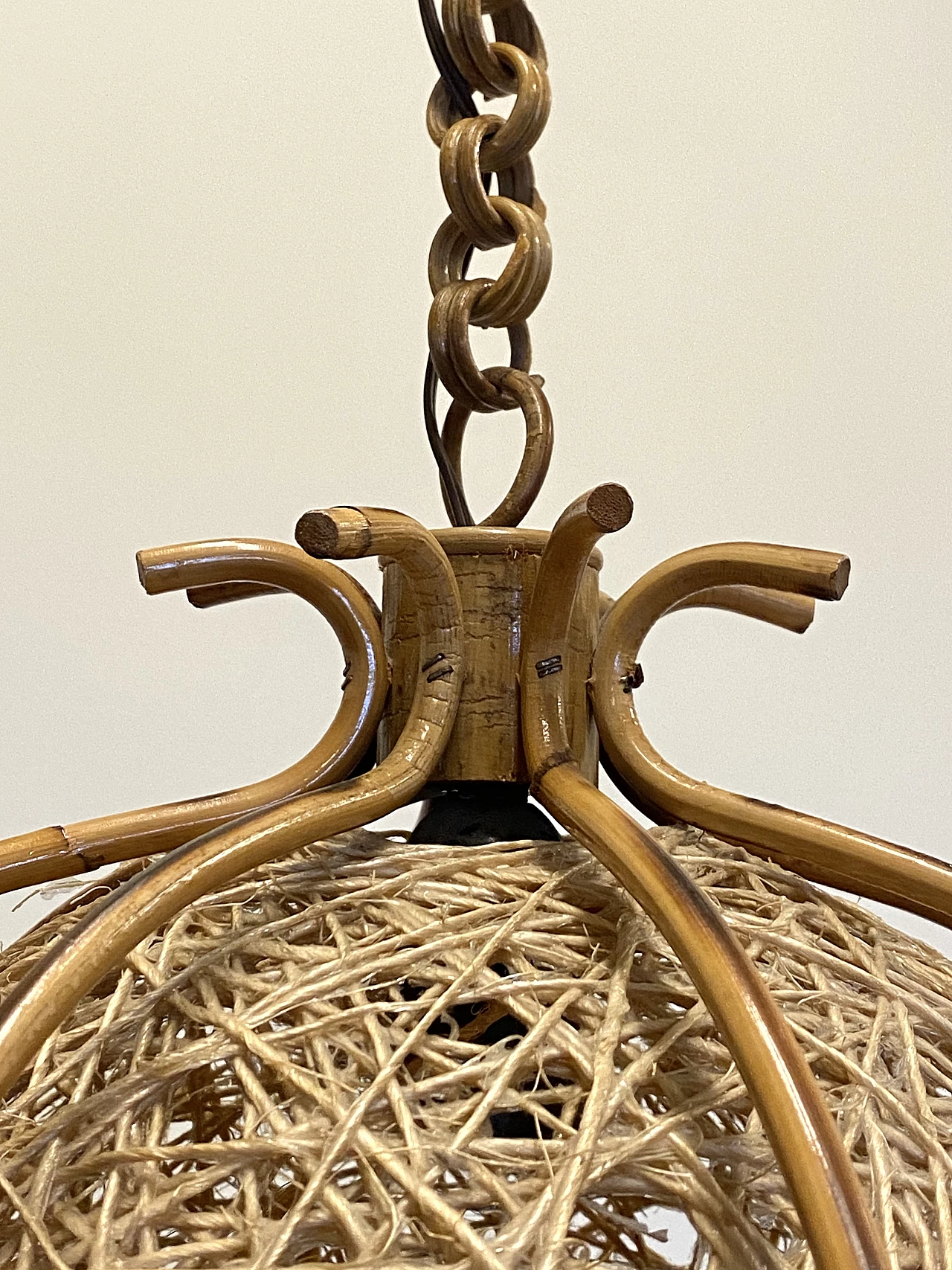 Bent bamboo and rope ceiling lamp, 1970s 2