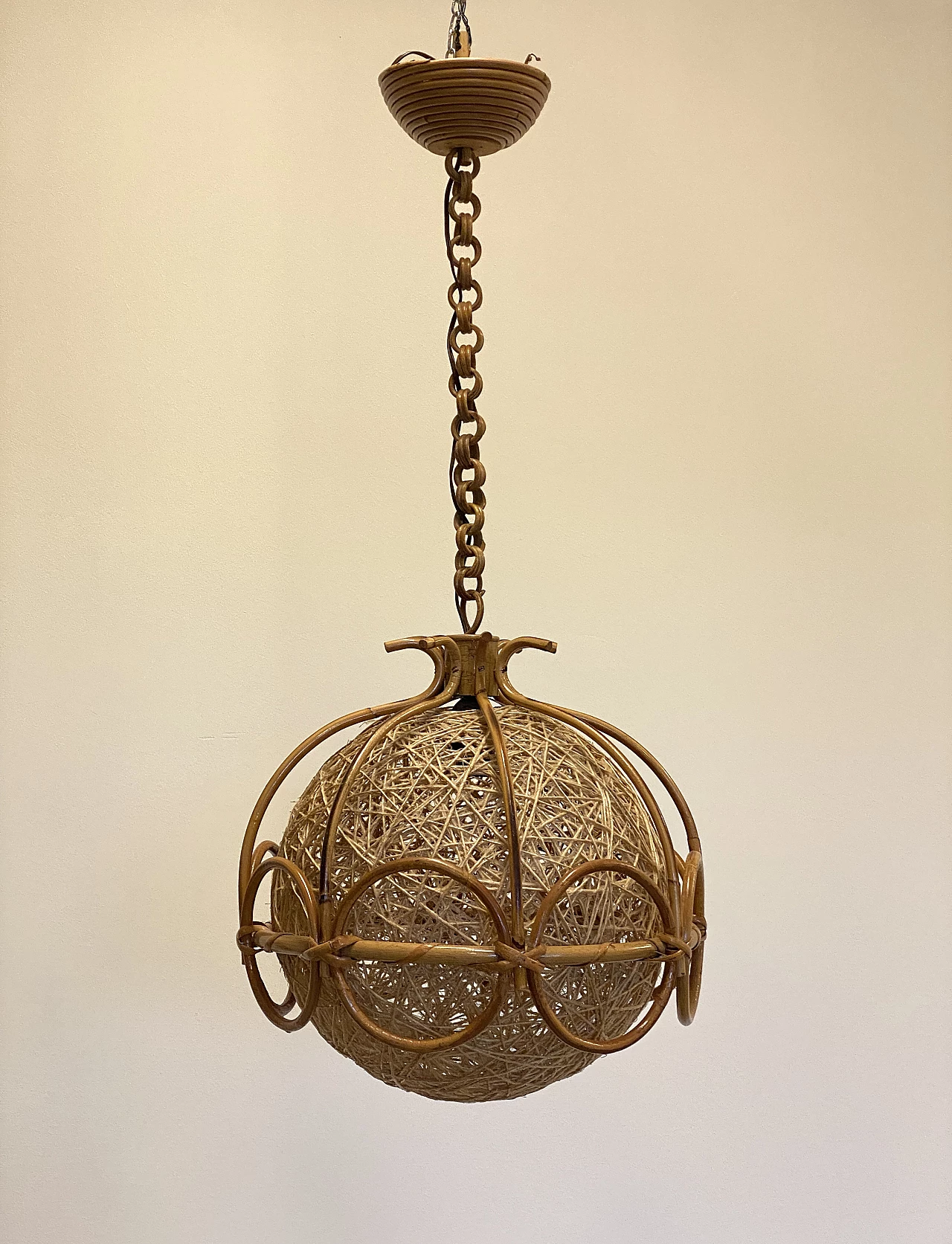 Bent bamboo and rope ceiling lamp, 1970s 4