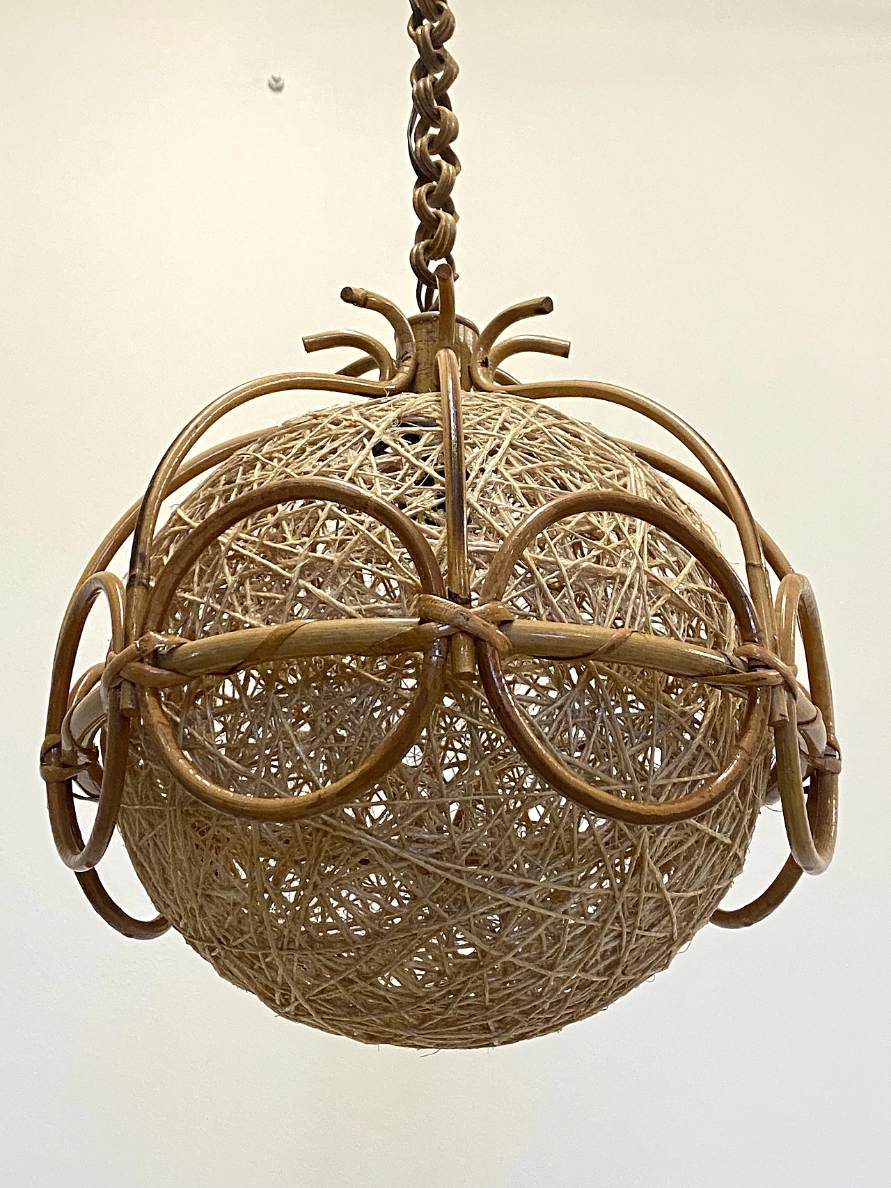 Bent bamboo and rope ceiling lamp, 1970s 8