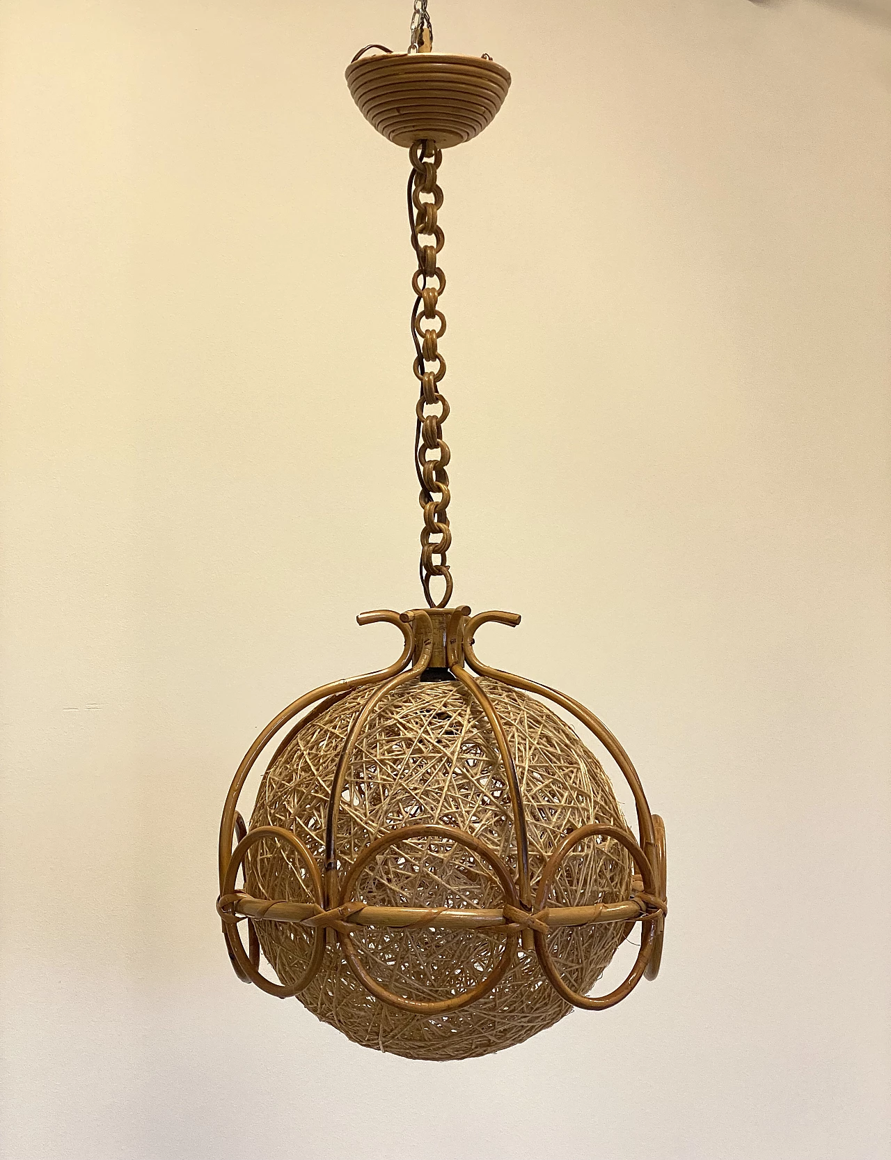 Bent bamboo and rope ceiling lamp, 1970s 9