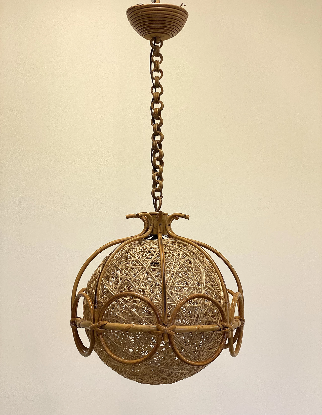 Bent bamboo and rope ceiling lamp, 1970s 13