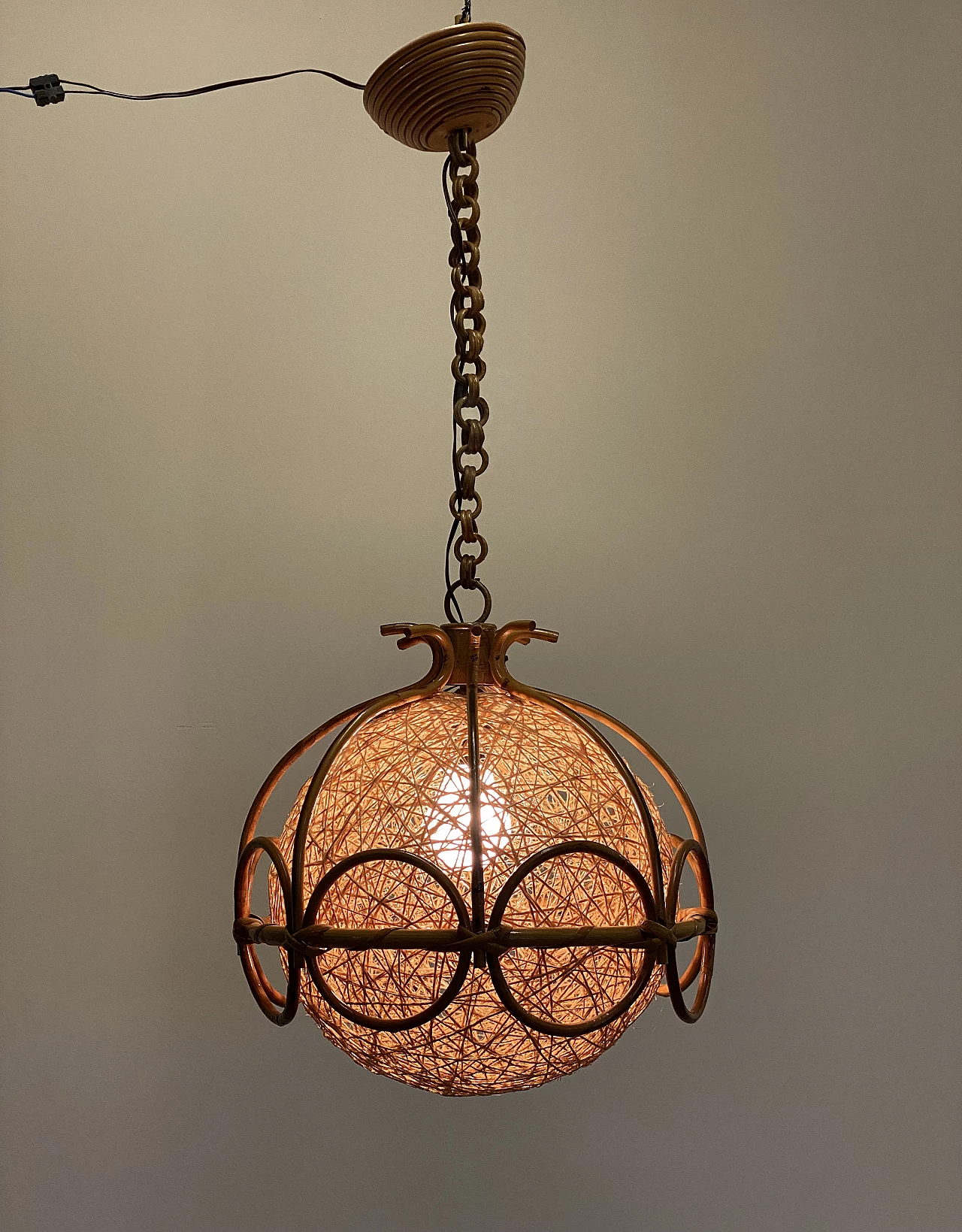 Bent bamboo and rope ceiling lamp, 1970s 16
