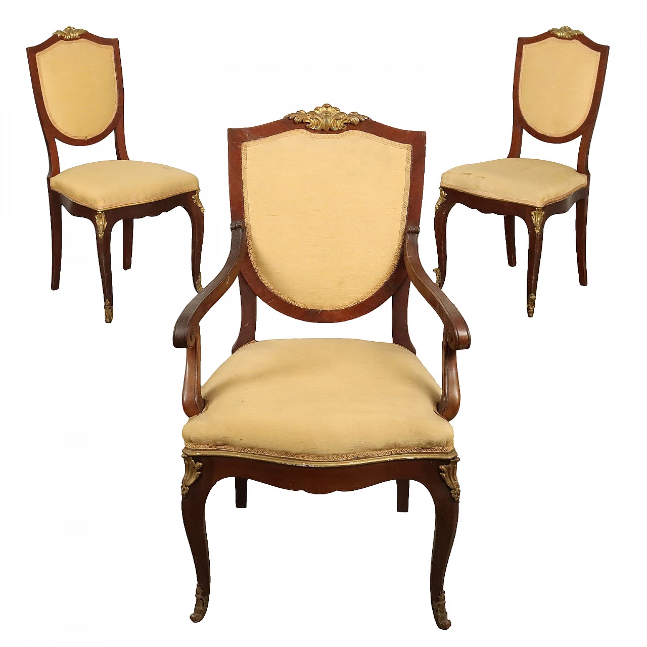 Pair of chairs and an armchair in mahogany with bronze details 1