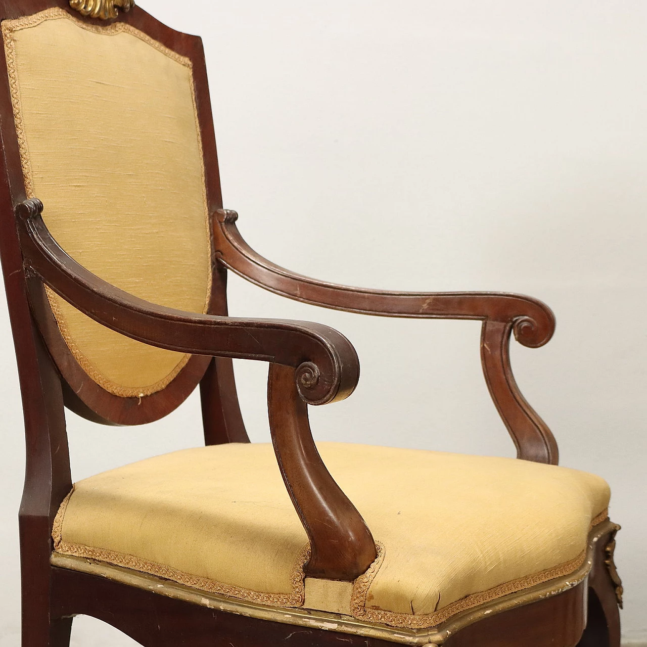 Pair of chairs and an armchair in mahogany with bronze details 3