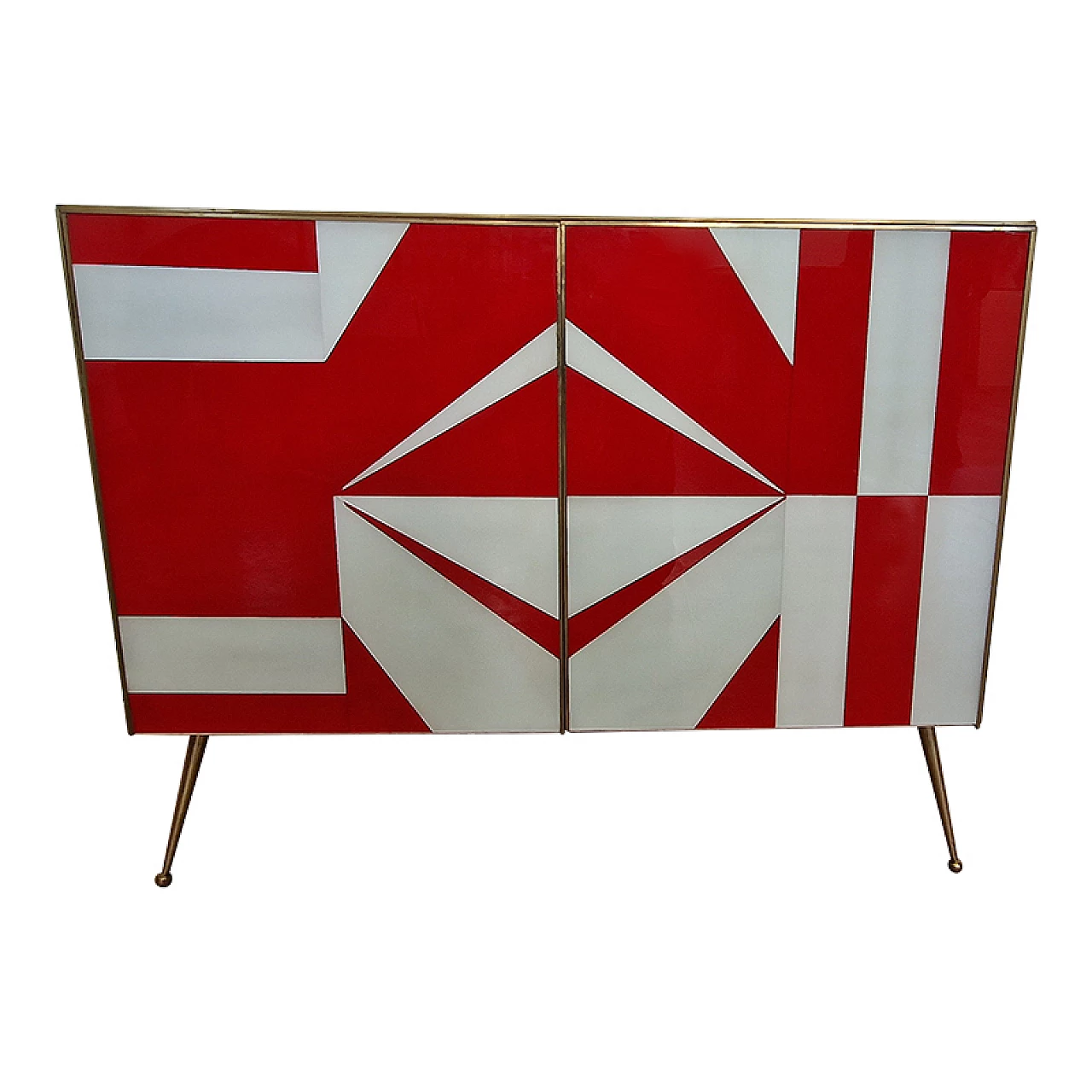 Credenza con ante in vetro rosso e bianco, anni '90 1