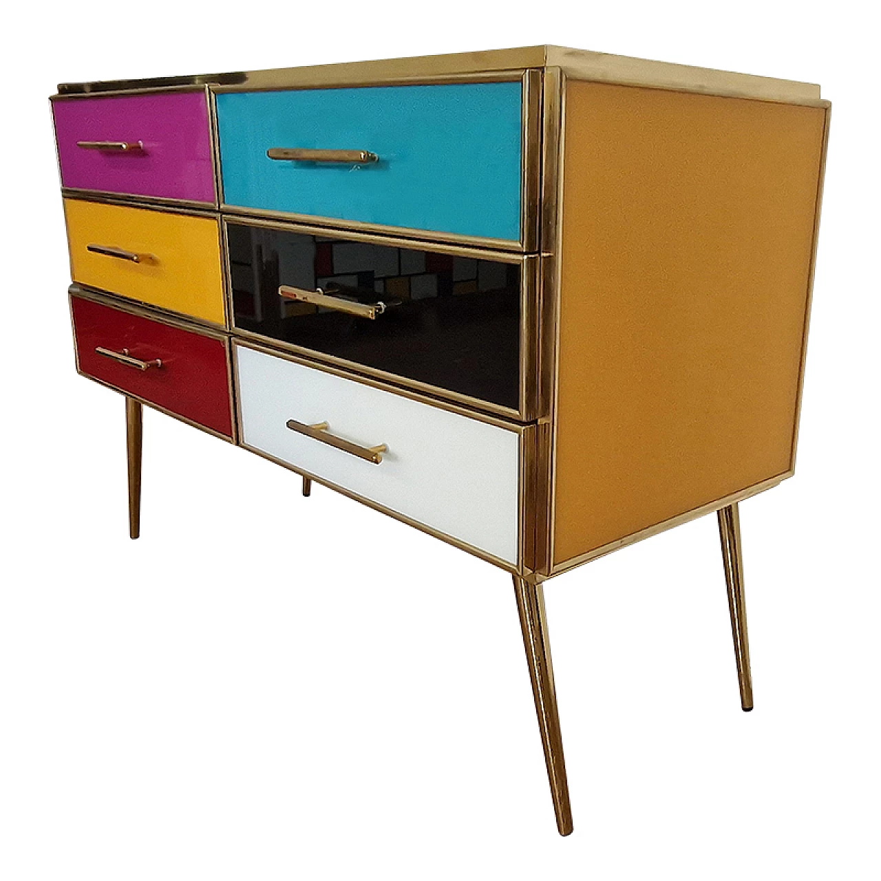 Glass and brass six-drawer dresser, 1990s 4