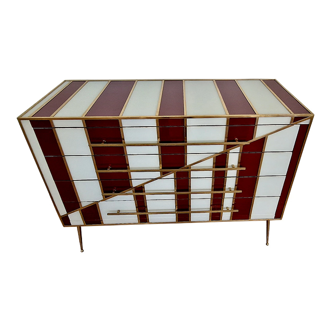 Four-drawer dresser in white and burgundy glass, 1990s 1