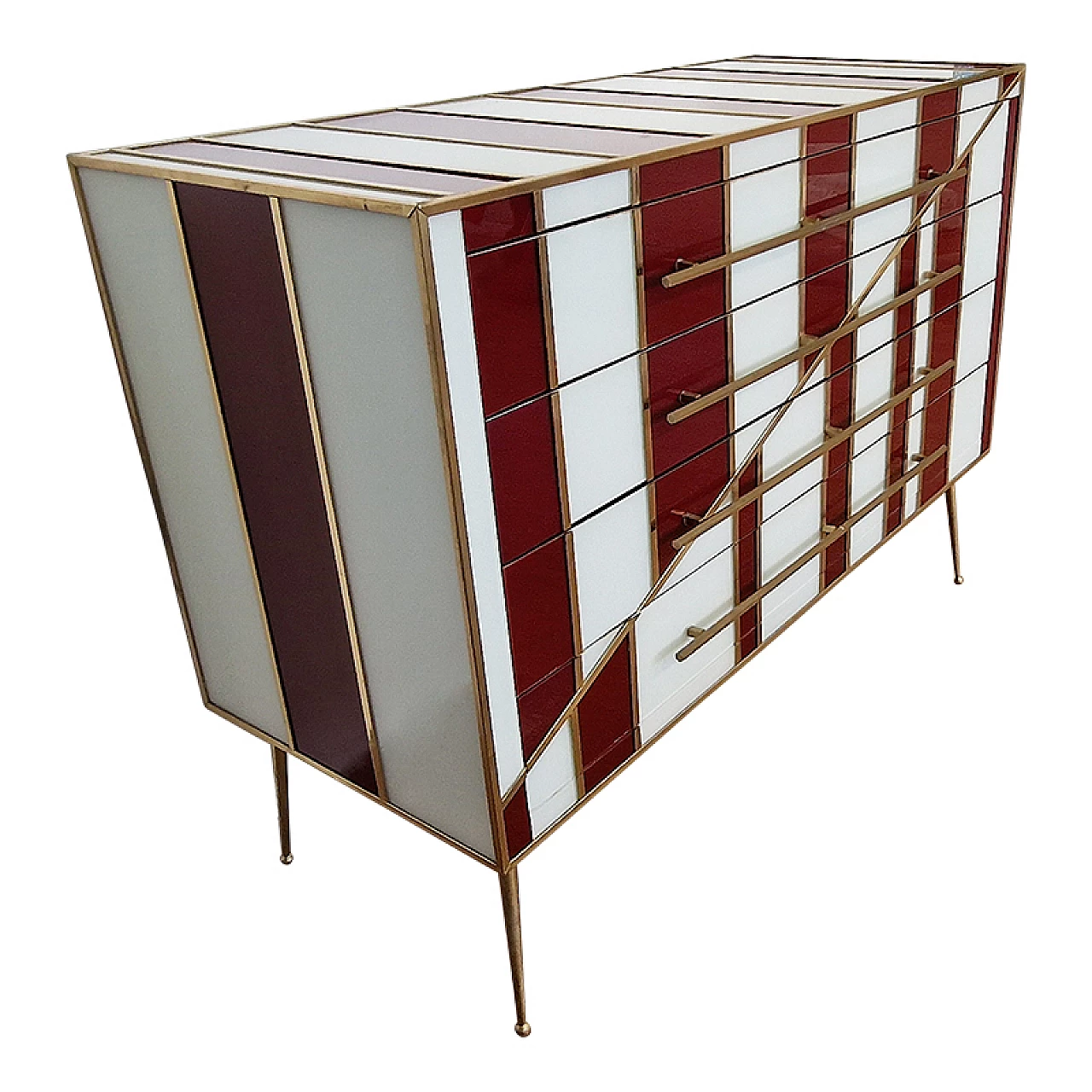 Four-drawer dresser in white and burgundy glass, 1990s 2