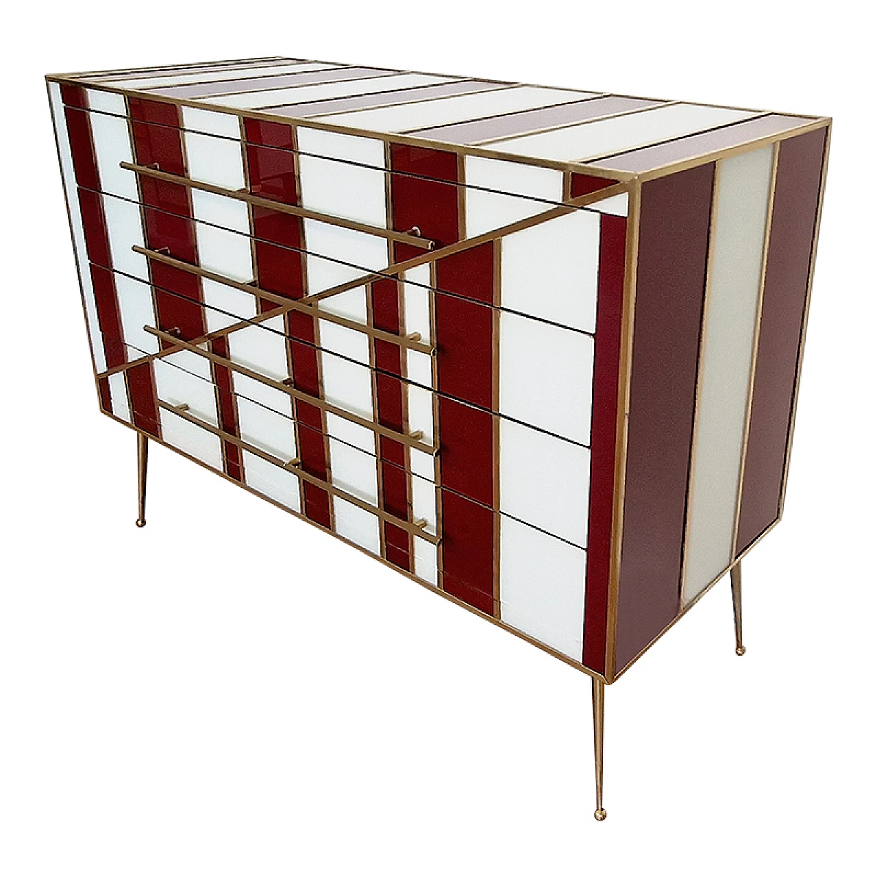 Four-drawer dresser in white and burgundy glass, 1990s 3