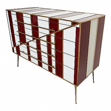 Four-drawer dresser in white and burgundy glass, 1990s