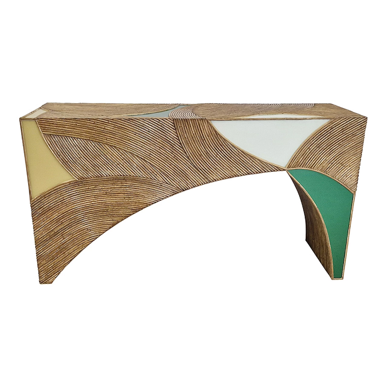 Wooden console covered in bamboo and white, yellow & green glass 1