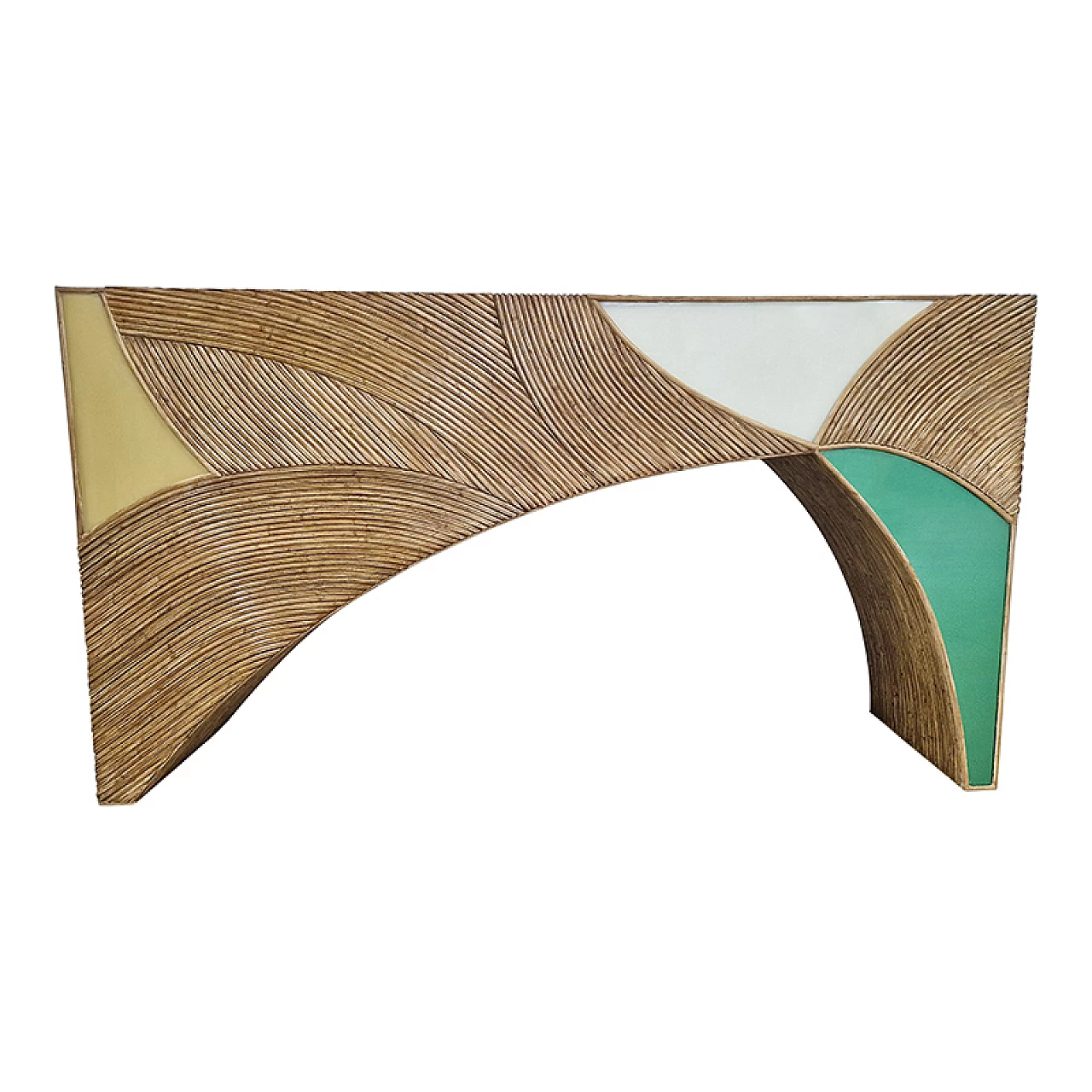 Wooden console covered in bamboo and white, yellow & green glass 2