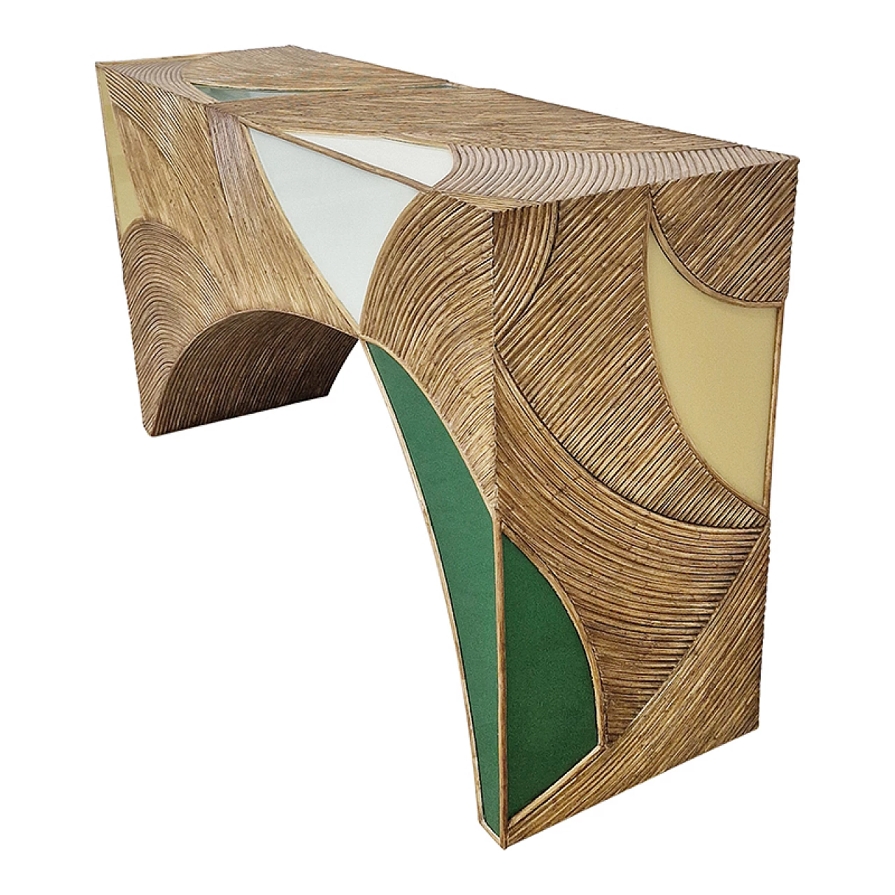 Wooden console covered in bamboo and white, yellow & green glass 4