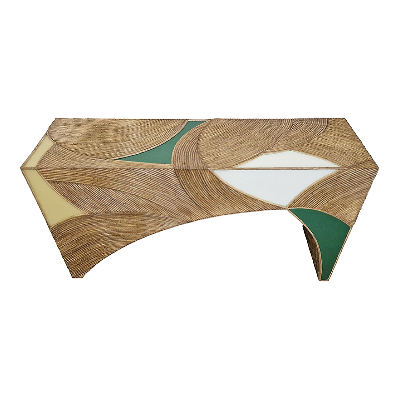 Wooden console covered in bamboo and white, yellow & green glass 5