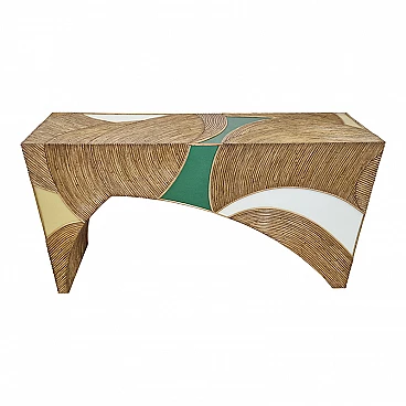 Wooden console covered in bamboo and white, yellow & green glass