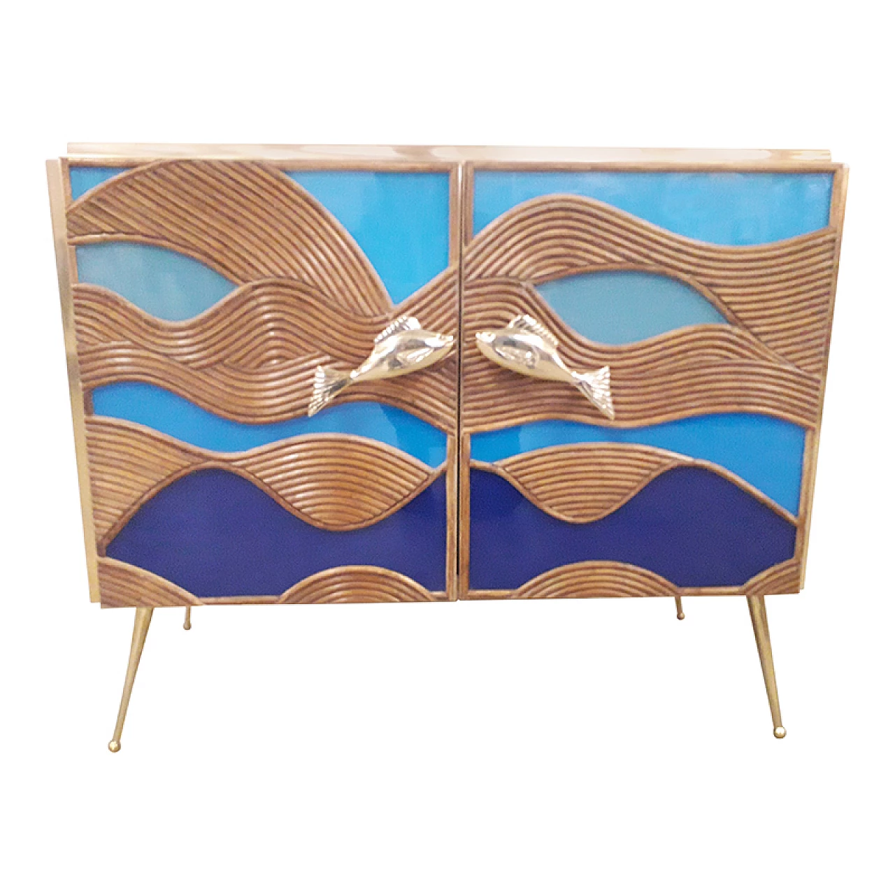 Glass and bamboo sideboard with fish-shaped handles, 1980s 2