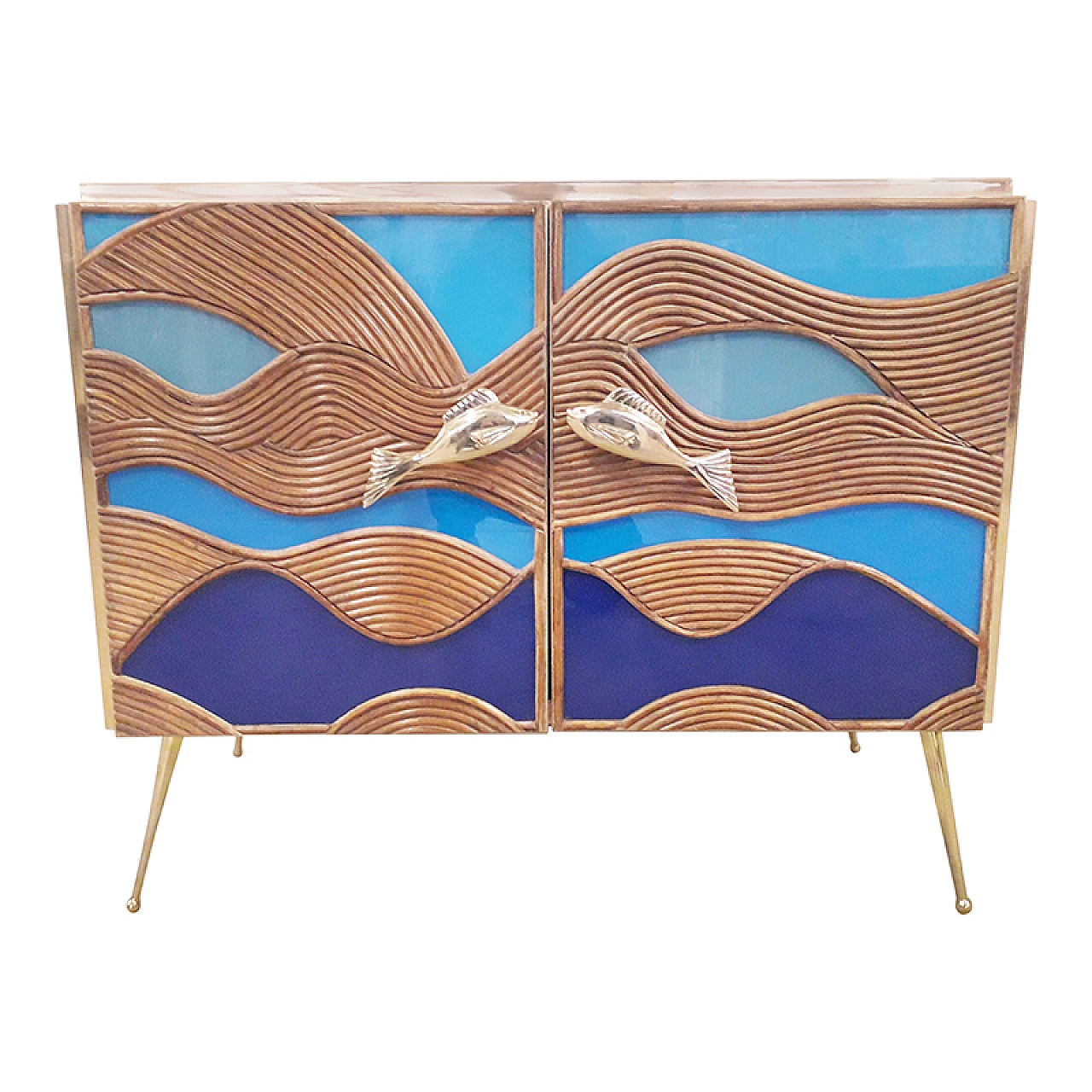 Glass and bamboo sideboard with fish-shaped handles, 1980s 3