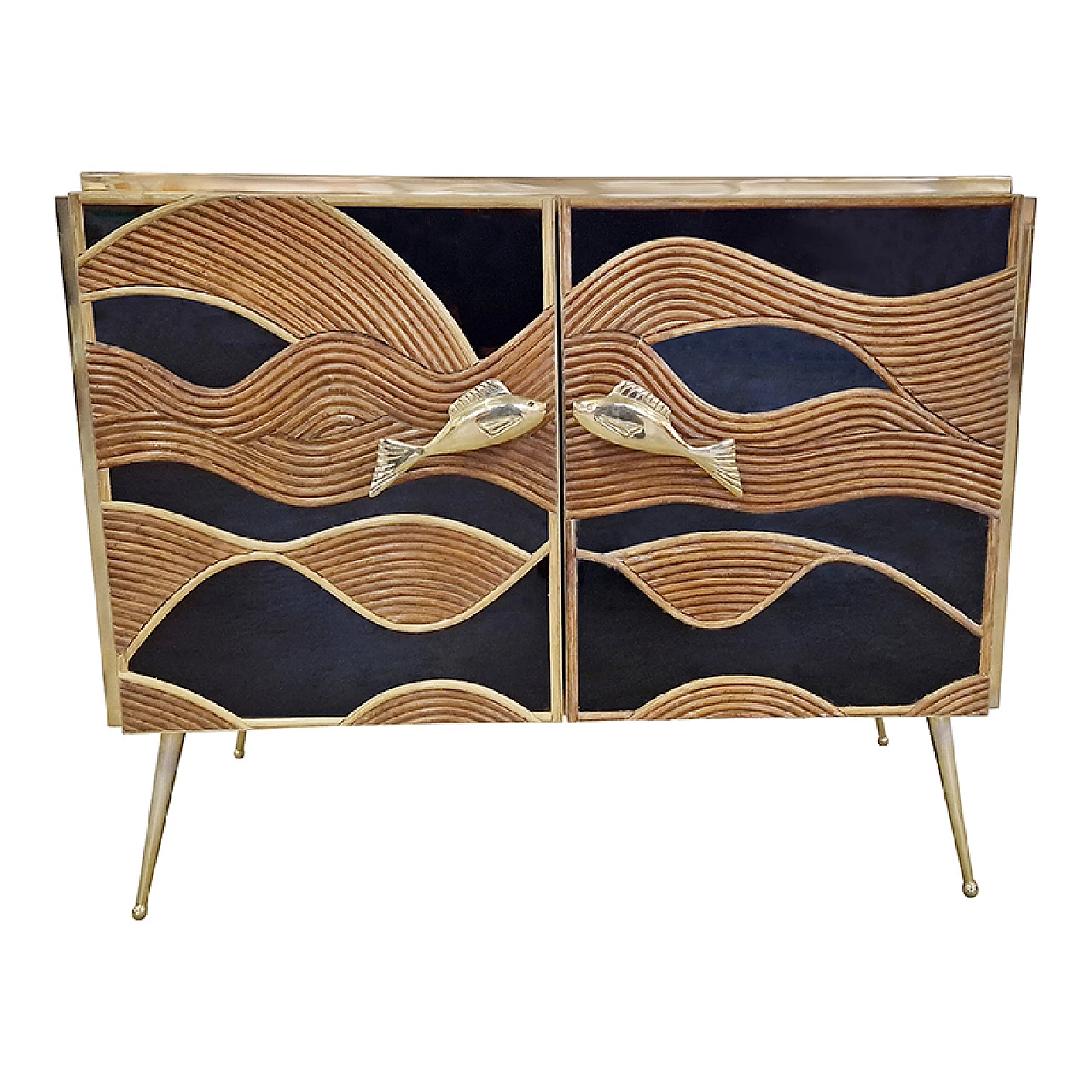 Black glass and bamboo sideboard with fish-shaped handles, 1980s 1