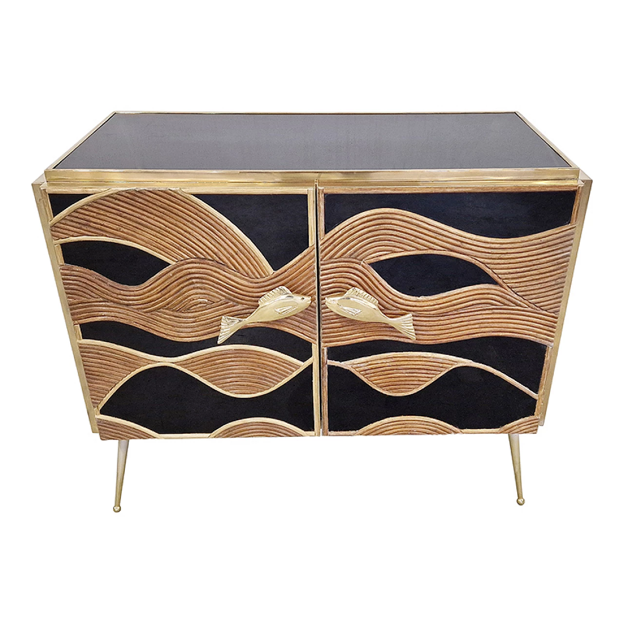 Black glass and bamboo sideboard with fish-shaped handles, 1980s 2