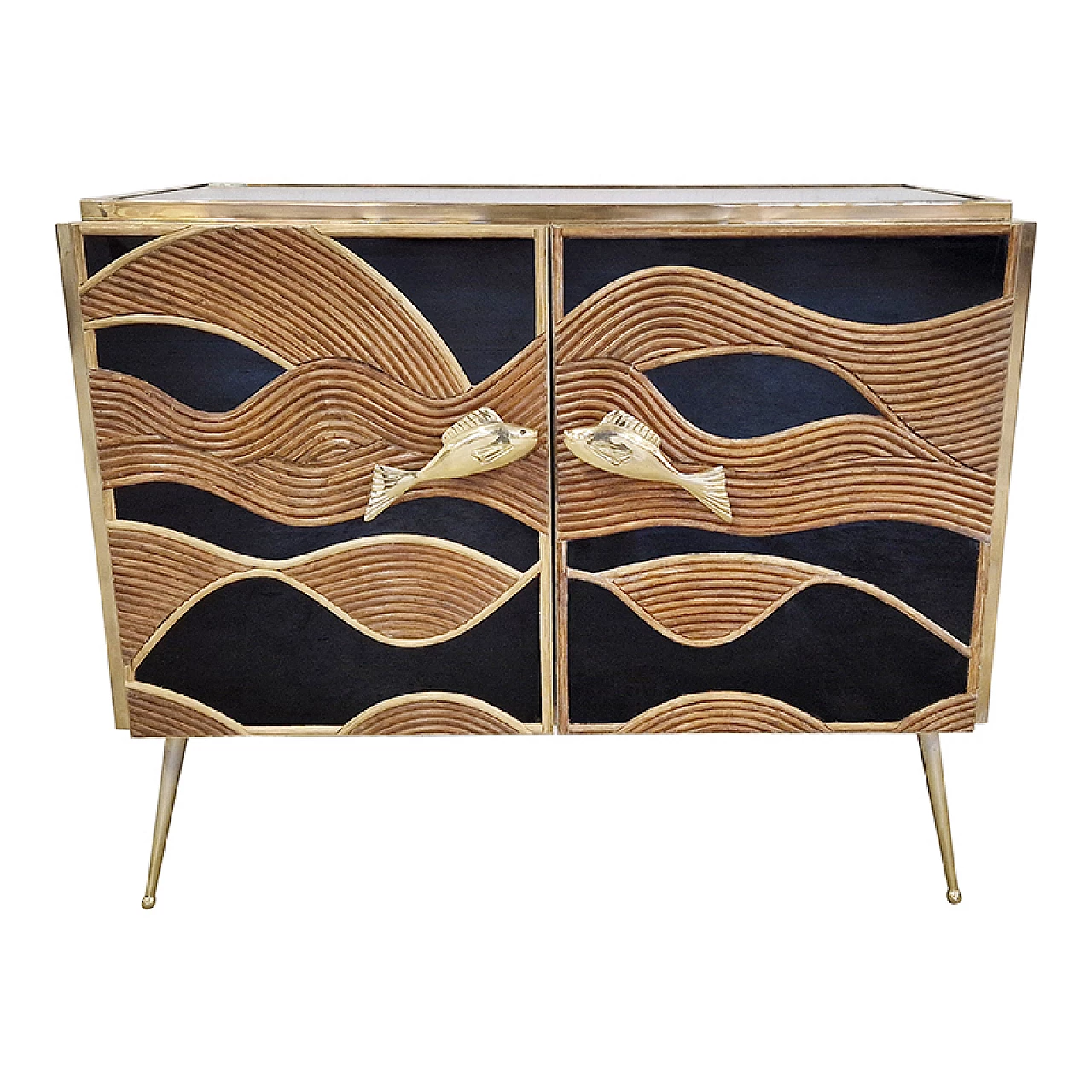 Black glass and bamboo sideboard with fish-shaped handles, 1980s 3