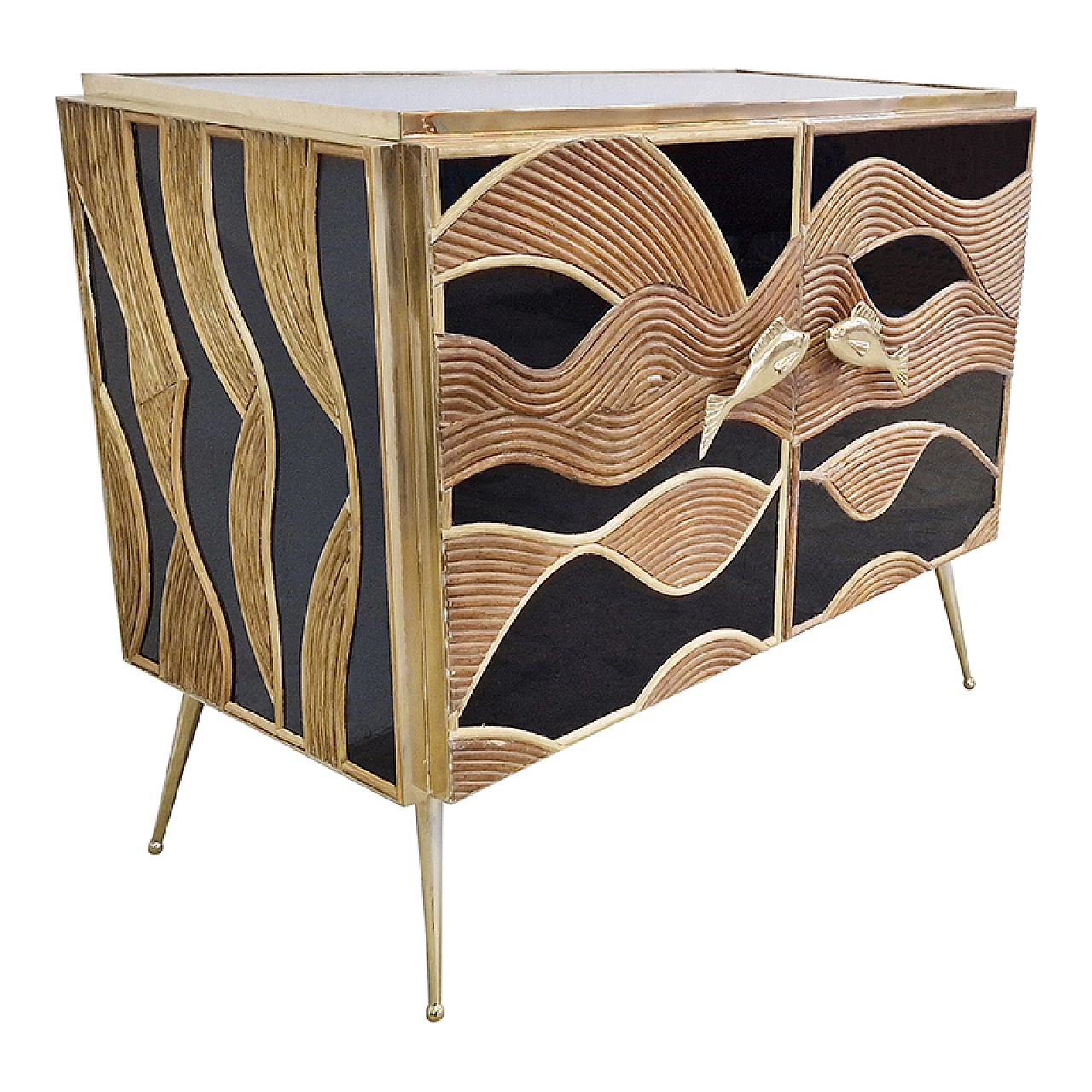 Black glass and bamboo sideboard with fish-shaped handles, 1980s 4
