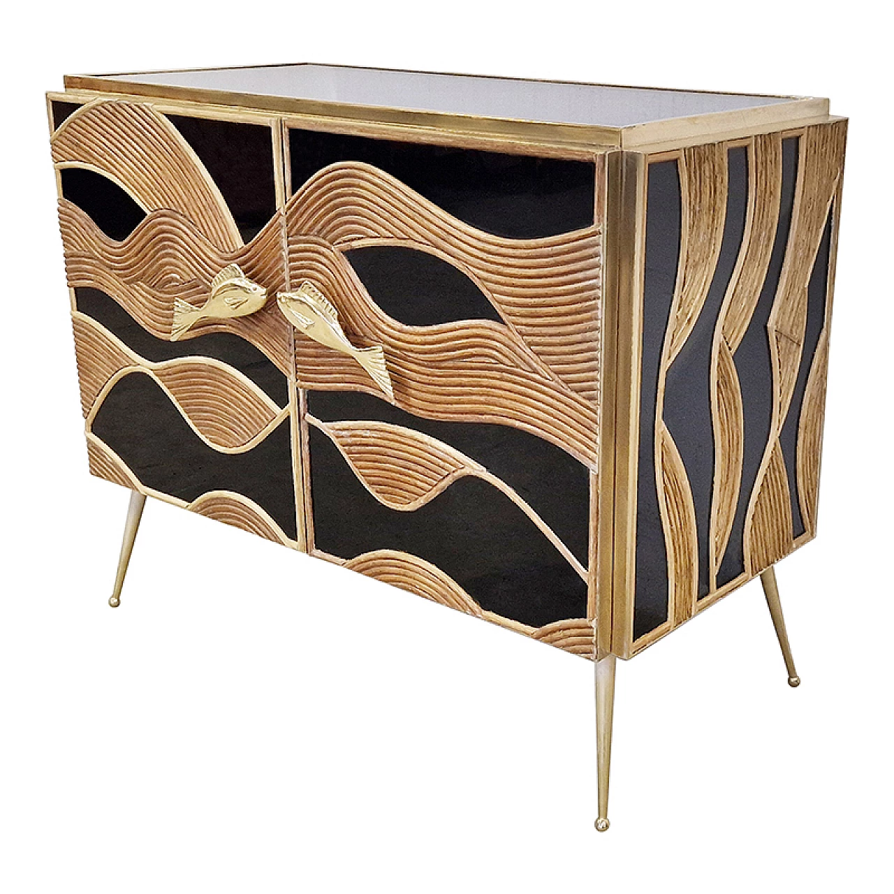 Black glass and bamboo sideboard with fish-shaped handles, 1980s 5