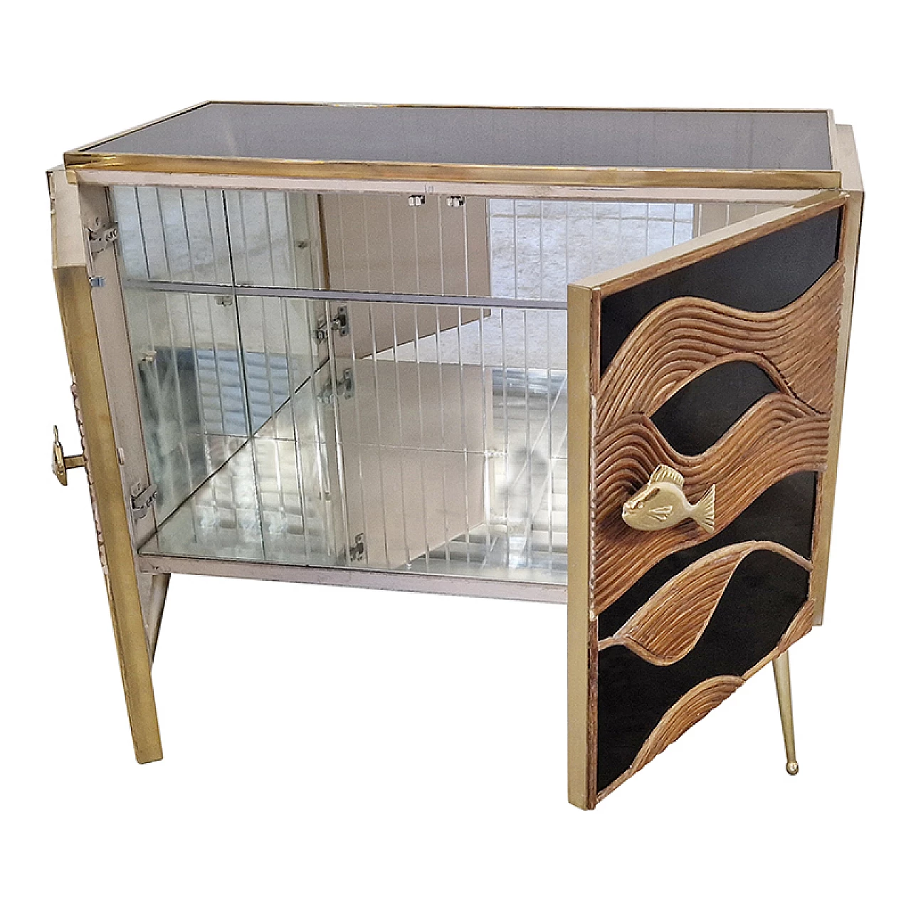 Black glass and bamboo sideboard with fish-shaped handles, 1980s 8