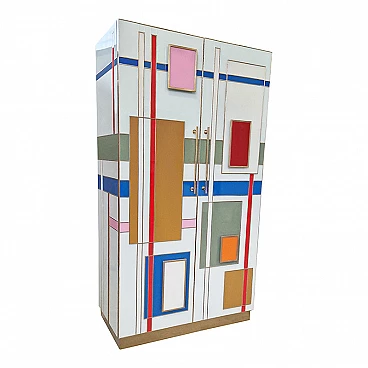 Wooden wardrobe covered in pastel-coloured glass, 1980s