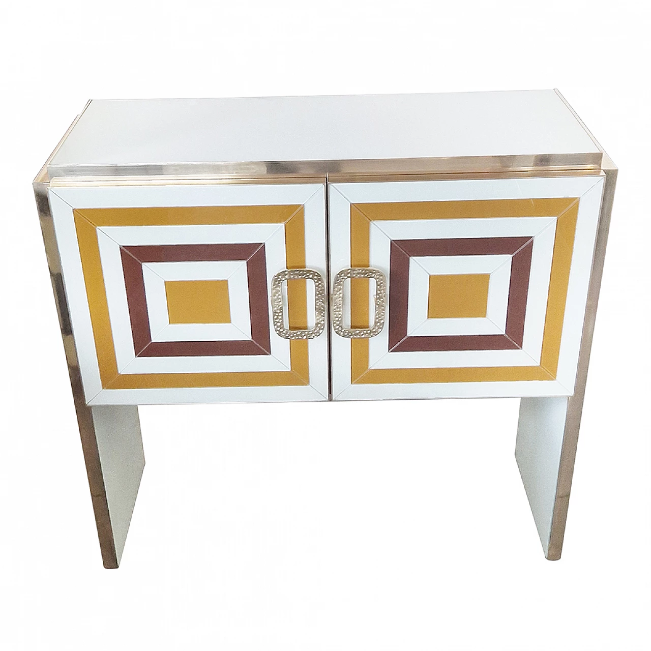 Wooden bar cabinet with geometric inserts in coloured glass, 1980s 3