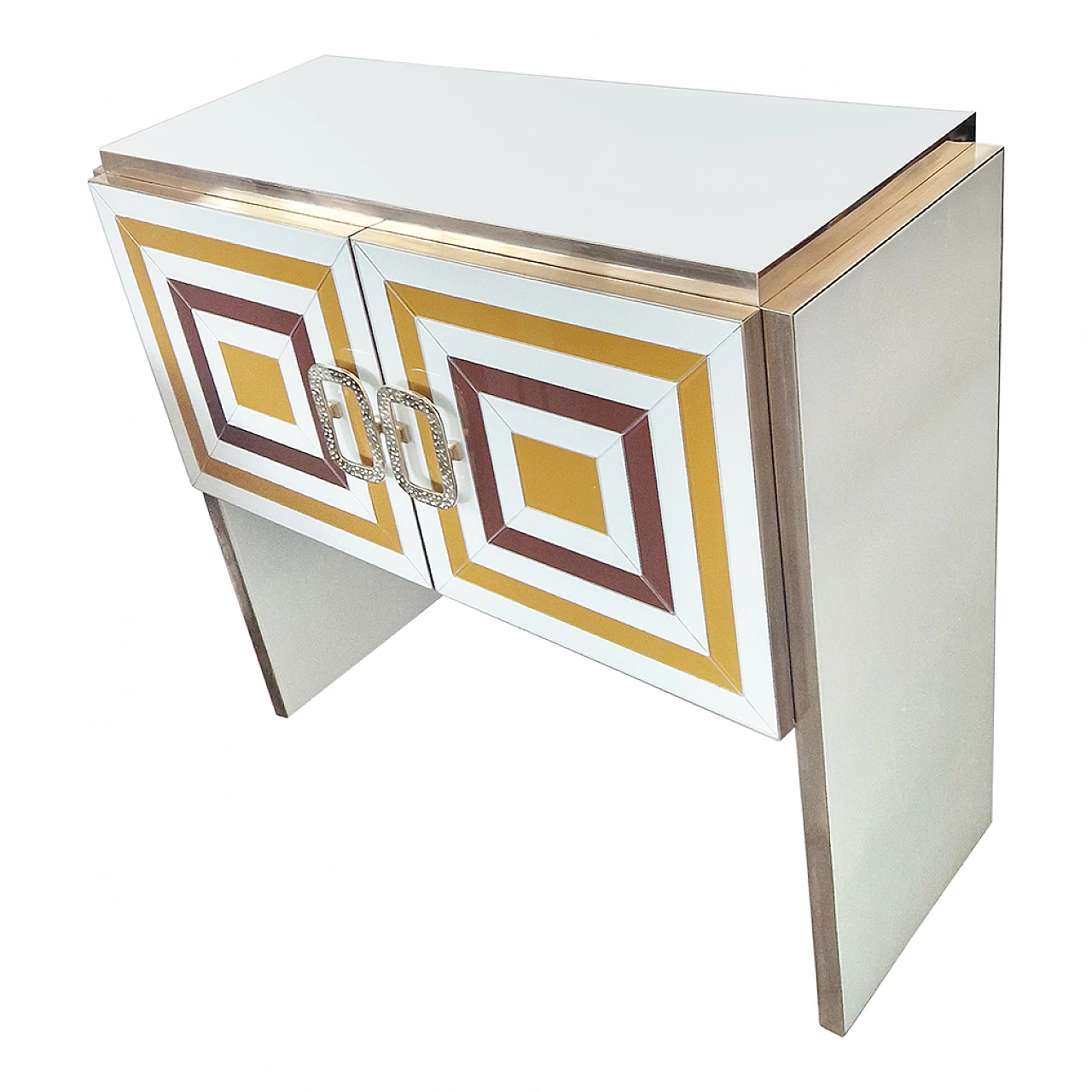 Wooden bar cabinet with geometric inserts in coloured glass, 1980s 5