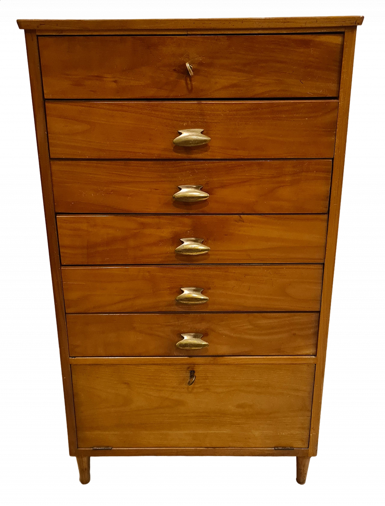High chest of drawers in oak wood with brass handles, 1950s 13