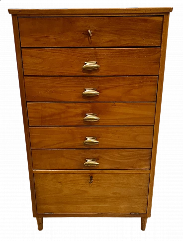 High chest of drawers in oak wood with brass handles, 1950s