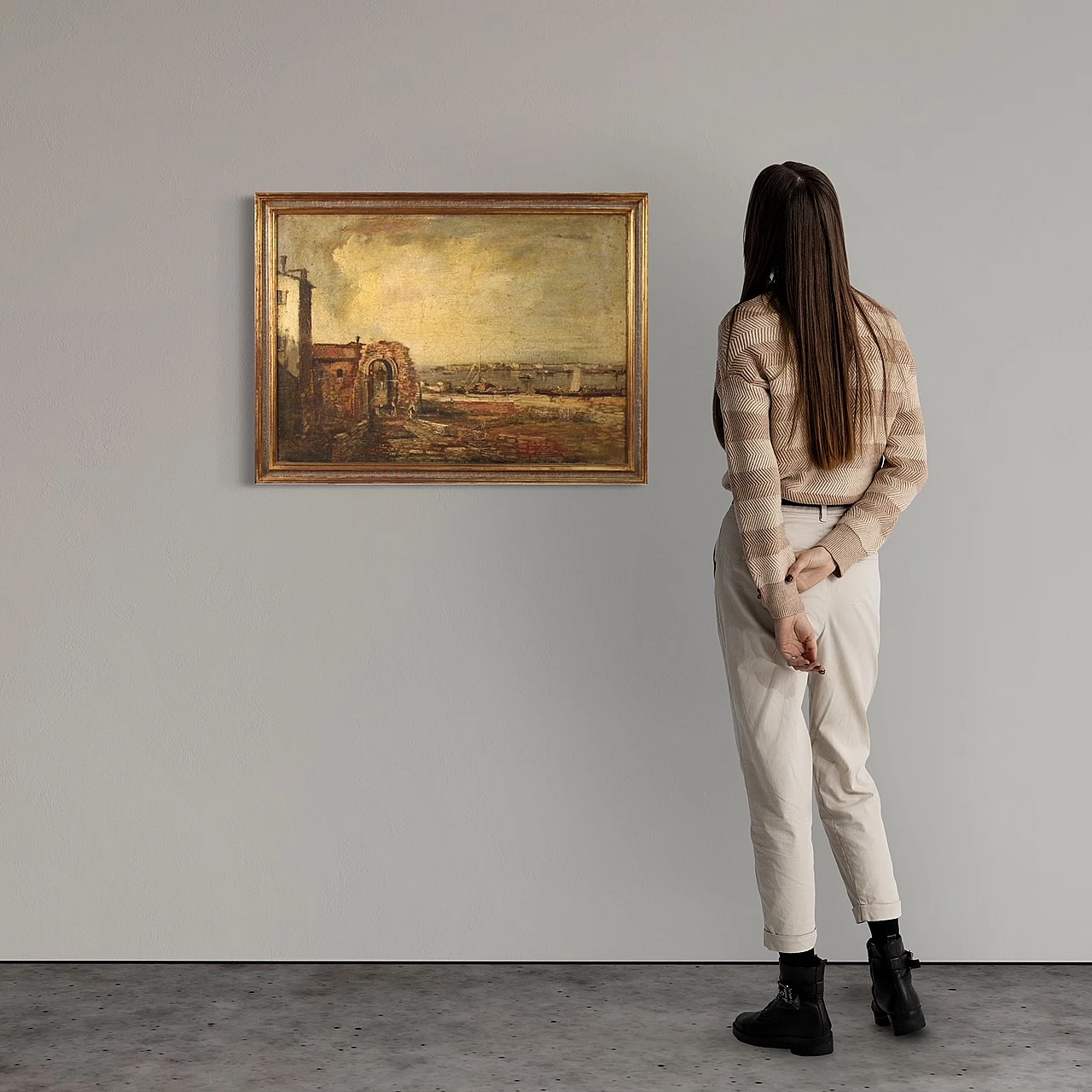 Paesaggio marino con pescatori e barche, olio su tela 2