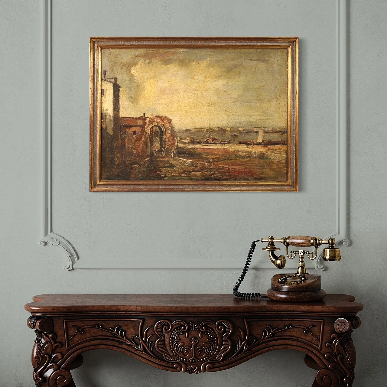 Paesaggio marino con pescatori e barche, olio su tela 3