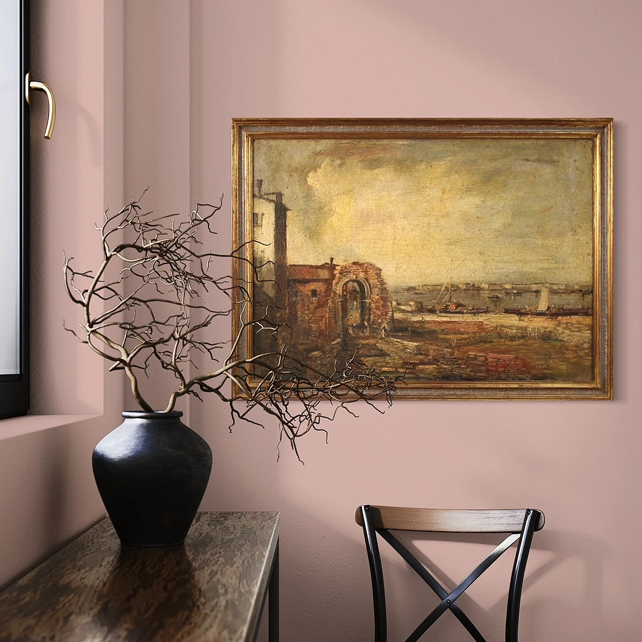 Paesaggio marino con pescatori e barche, olio su tela 5