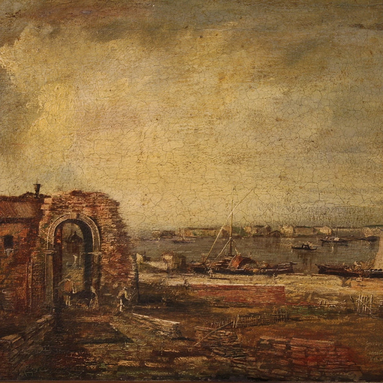Paesaggio marino con pescatori e barche, olio su tela 7