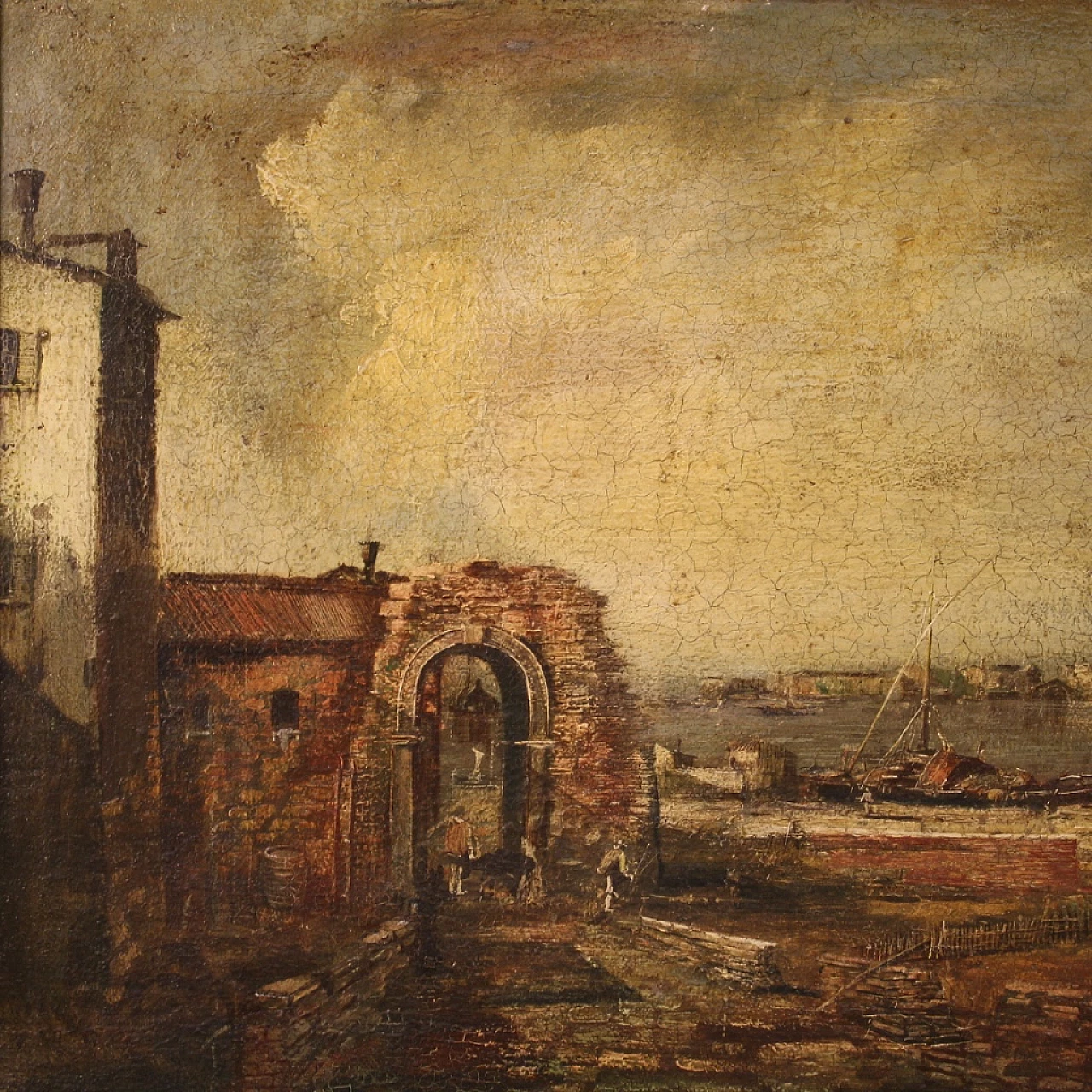 Paesaggio marino con pescatori e barche, olio su tela 10