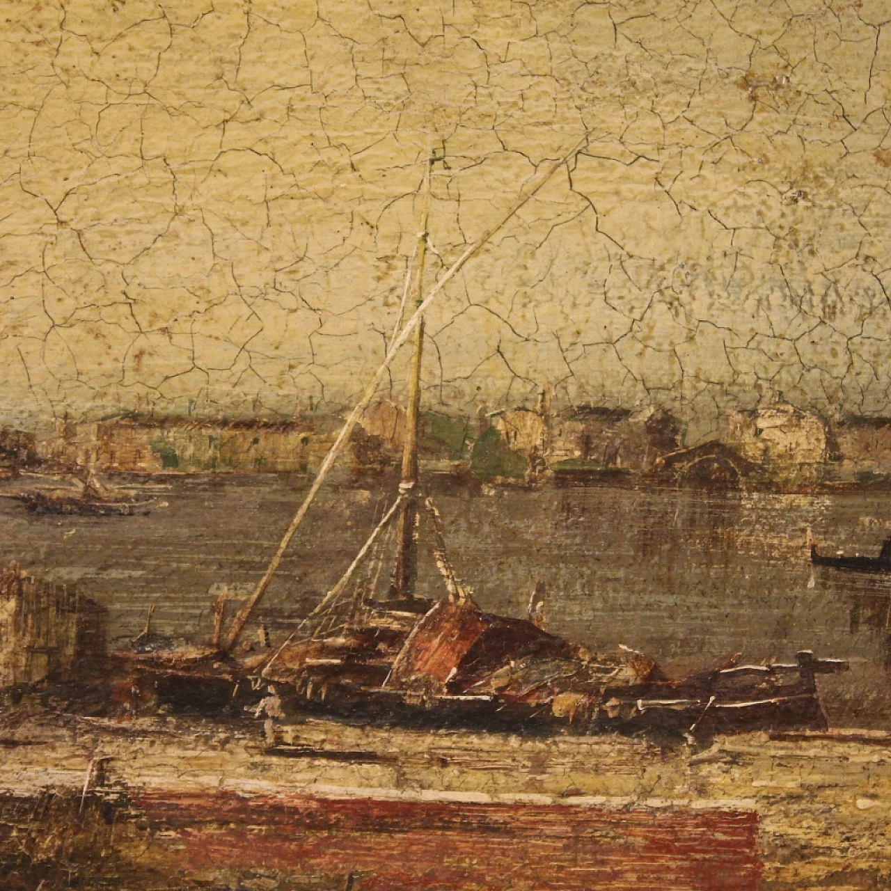 Paesaggio marino con pescatori e barche, olio su tela 14