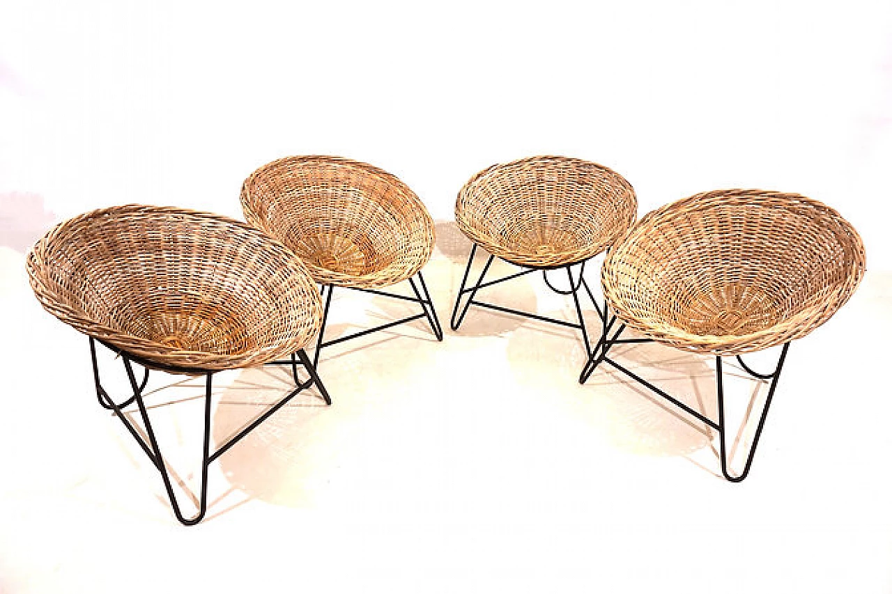 4 Poltrone tedesche in rattan e metallo, anni '60 11