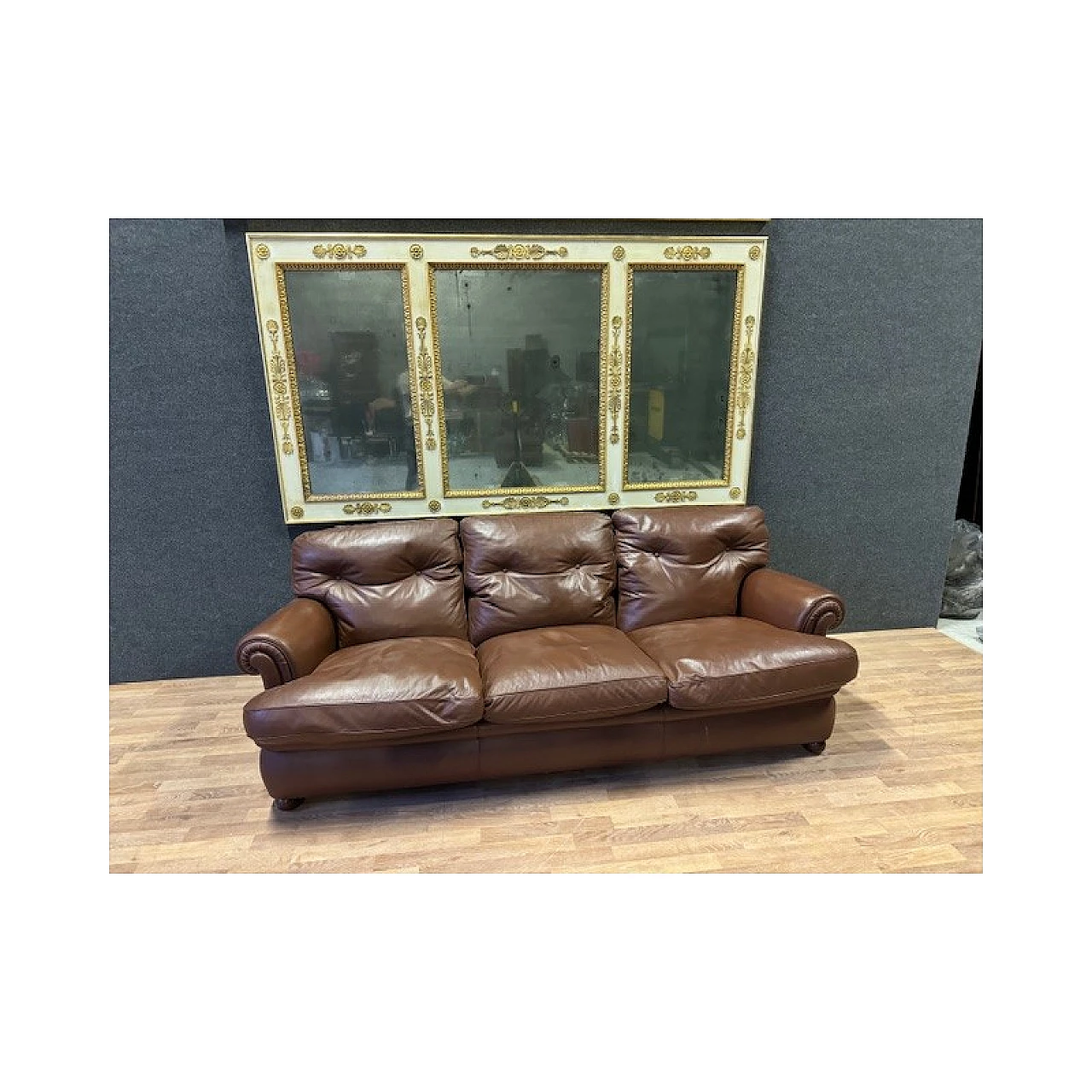 Brown leather and wood sofa by Poltrona Frau, 1970s 1
