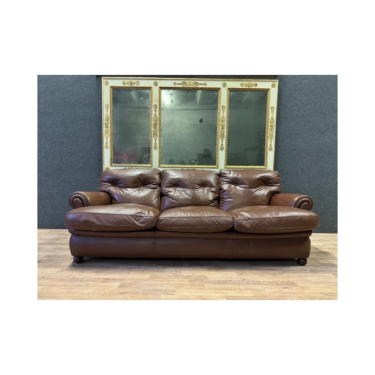 Brown leather and wood sofa by Poltrona Frau, 1970s 2