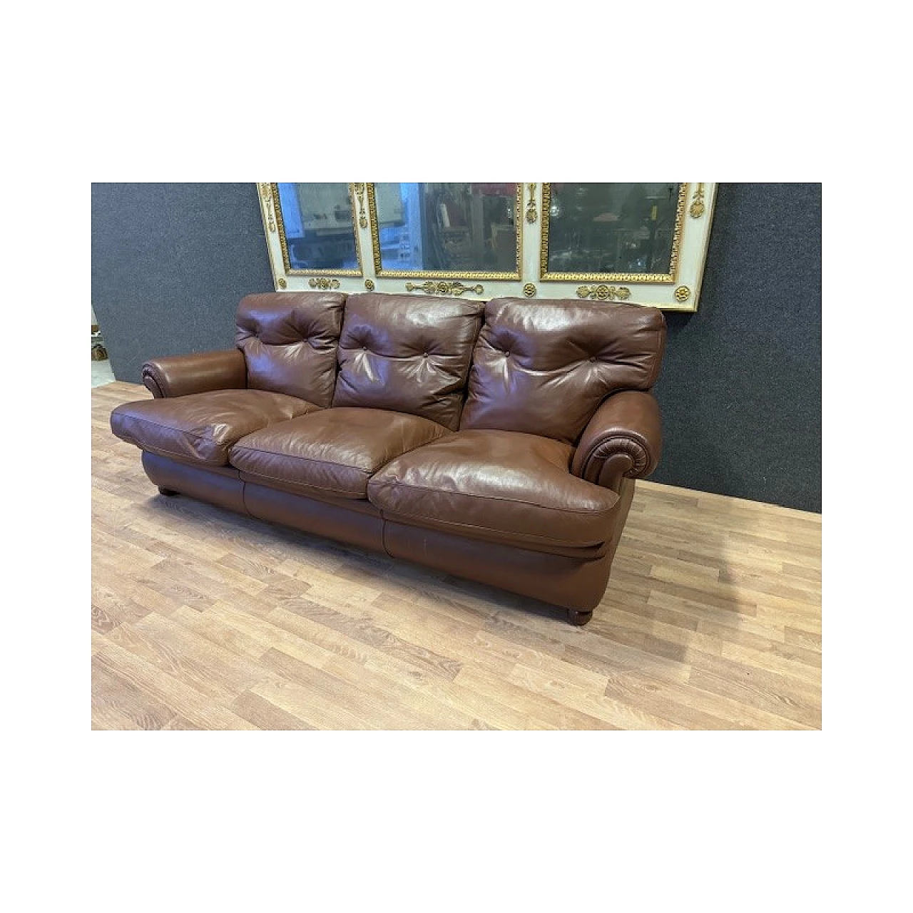 Brown leather and wood sofa by Poltrona Frau, 1970s 3