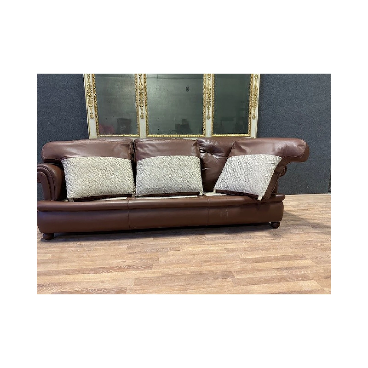 Brown leather and wood sofa by Poltrona Frau, 1970s 7