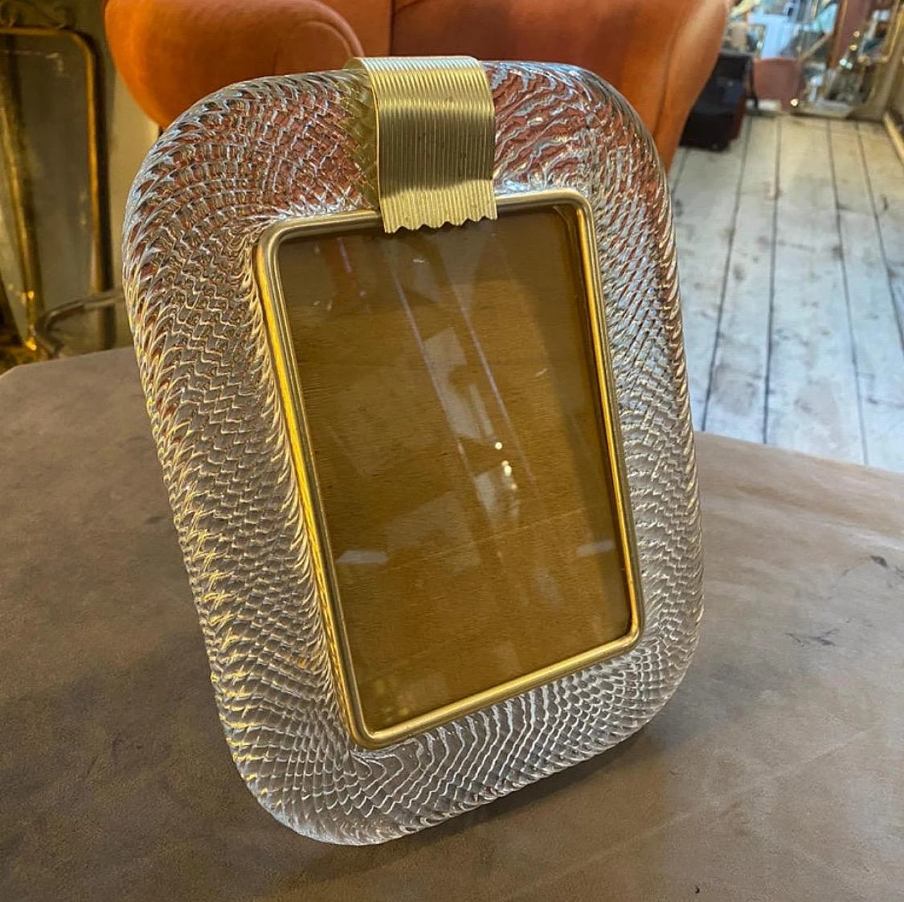 Murano glass and brass photo frame in Barovier style, 1980s 3