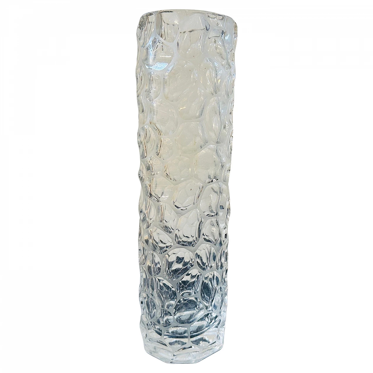 Cylindrical vase in transparent hammered glass, 1970s 1
