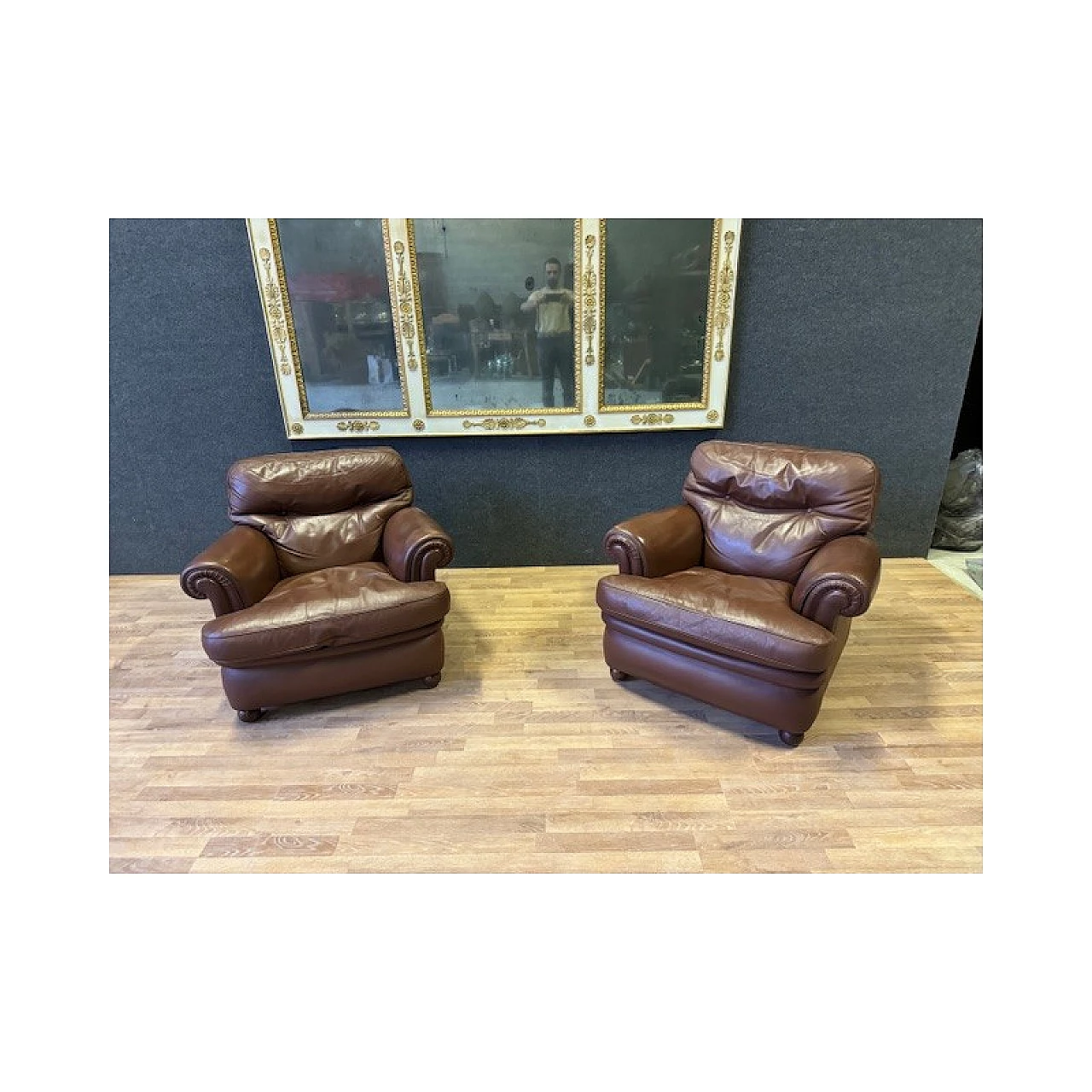Pair of brown leather armchairs by Poltrona Frau, 1970s 2
