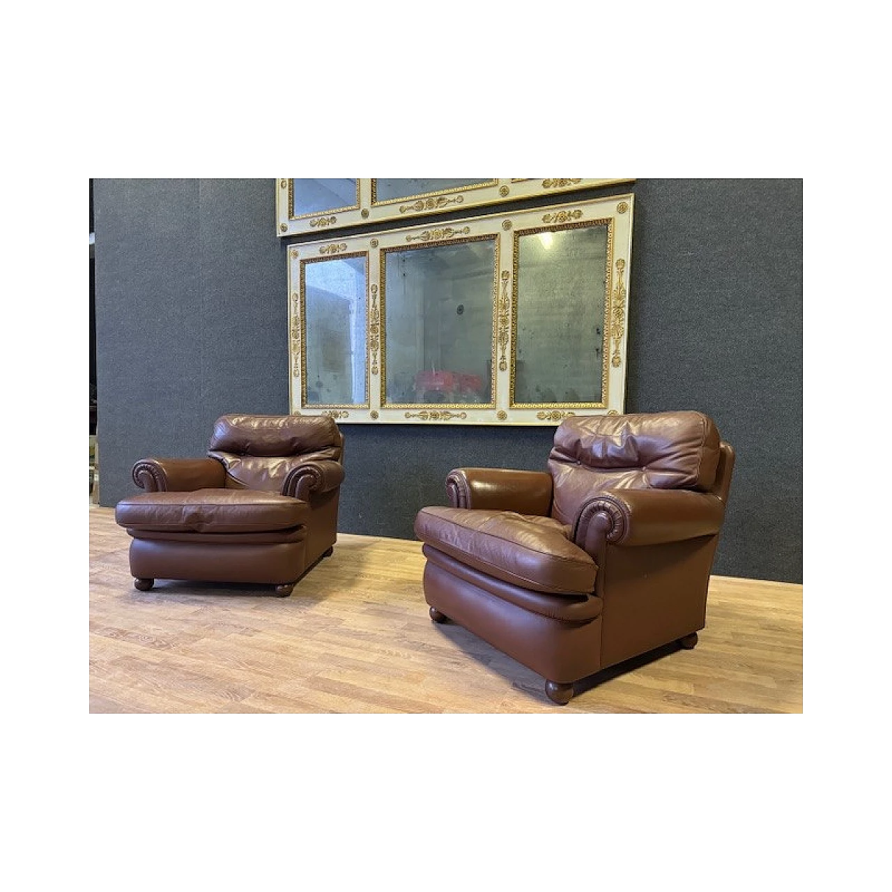 Pair of brown leather armchairs by Poltrona Frau, 1970s 3