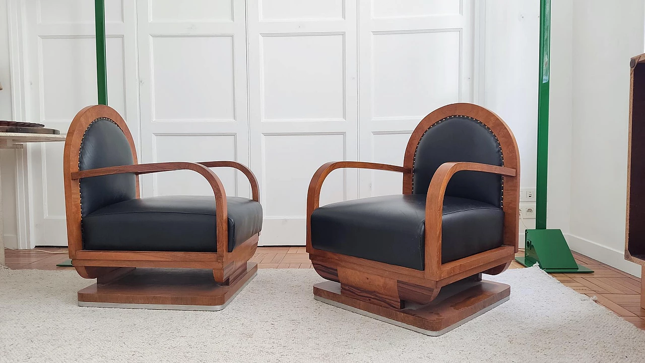 Pair of wooden and black leather armchairs, 1930s 1