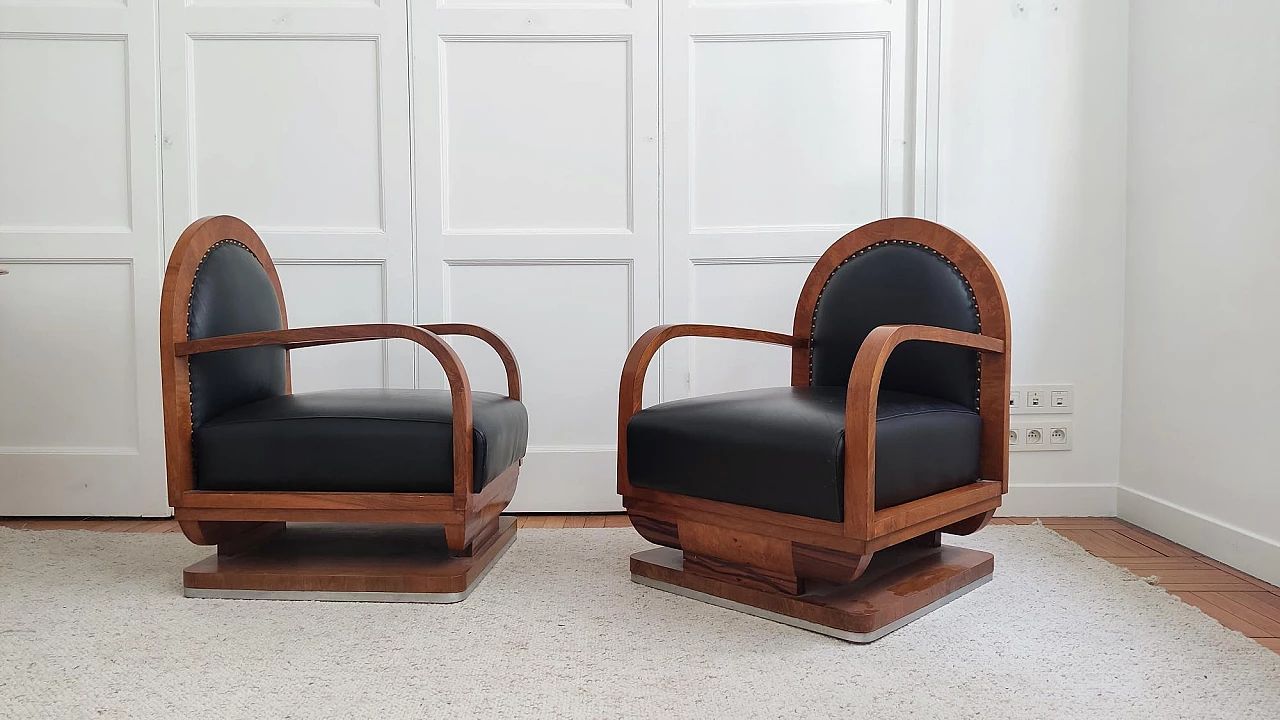Pair of wooden and black leather armchairs, 1930s 2